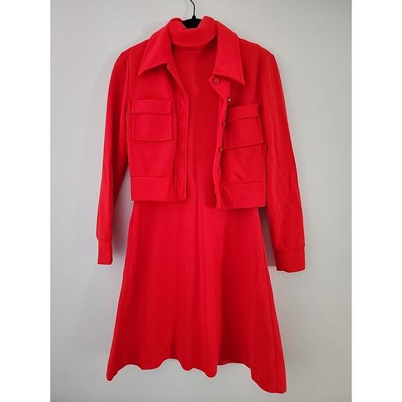 SOLD Jonathan Logan Red Orange Dress Jacket Set Vintage Polyester 16-18" PTP - Picture 1 of 12